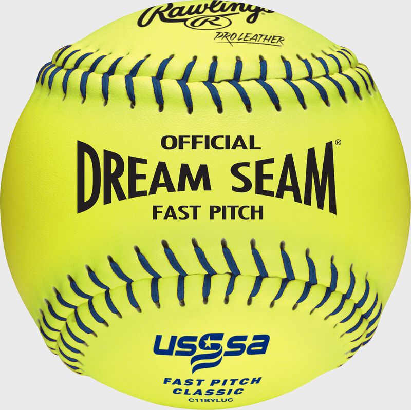 A yellow C11BYLUC USSSA official 11-inch softball with blue stitching loading=