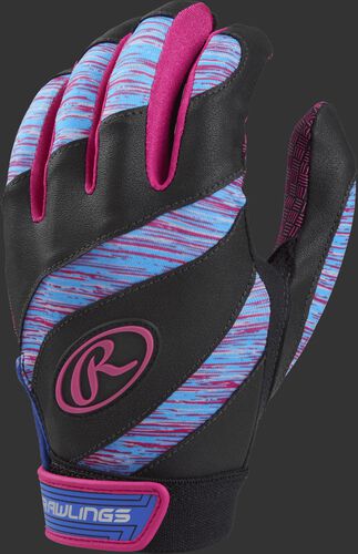 A black FPEBG Eclipse girl's softball batting glove with purple, pink and blue trim