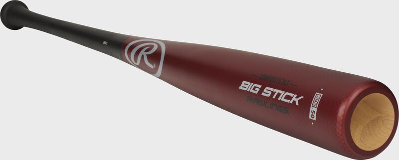 3/4 angle view of a red/black R243CS Rawlings Big Stick composite wood bat 