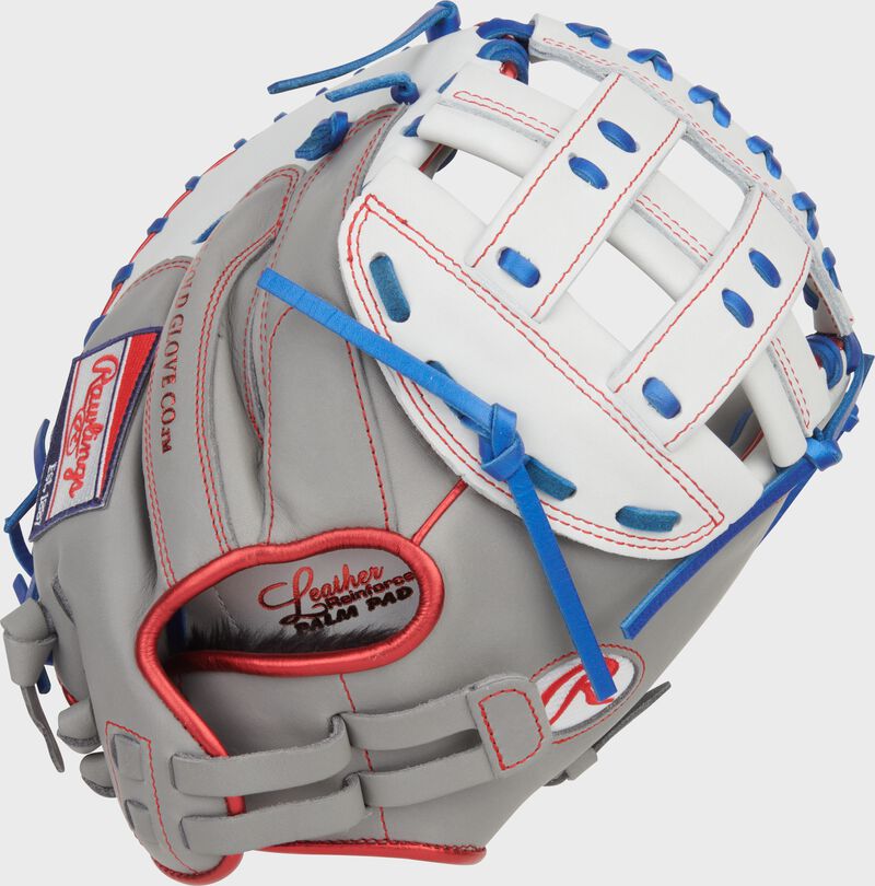 Back of a gray/white/royal Liberty Advanced 33-inch Fastpitch Softball Catcher's Mitt loading=