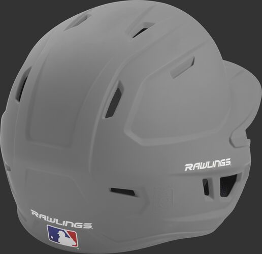 Back right of a one-tone matte silver MACH Rawlings batting helmet