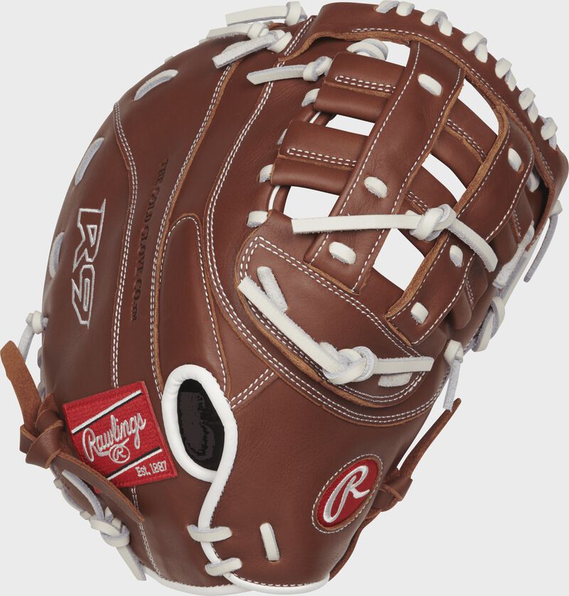 R9SBFBM-17DB 12.5-inch R9 Series first base softball mitt with a brown back and Overlapping Fastback design