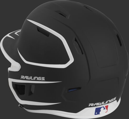 Back left view of a matte black/white MACHEXTR MACH series two-tone batting helmet with air vents