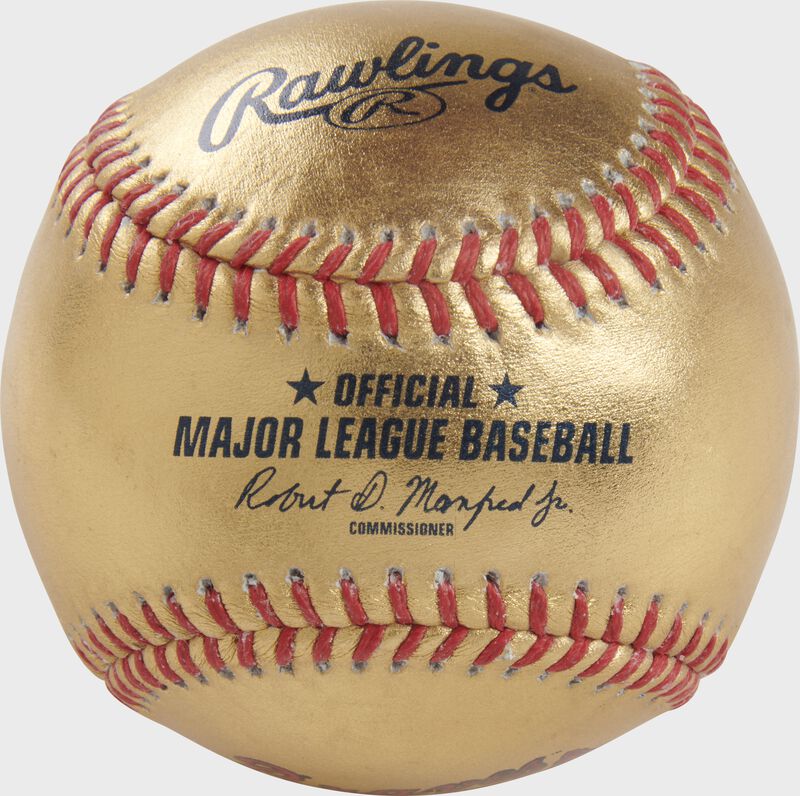 An Atlanta Braves Rawlings Gold MLB team baseball with the official ball MLB stamp - SKU: RSGEA-GOLDATL-R loading=