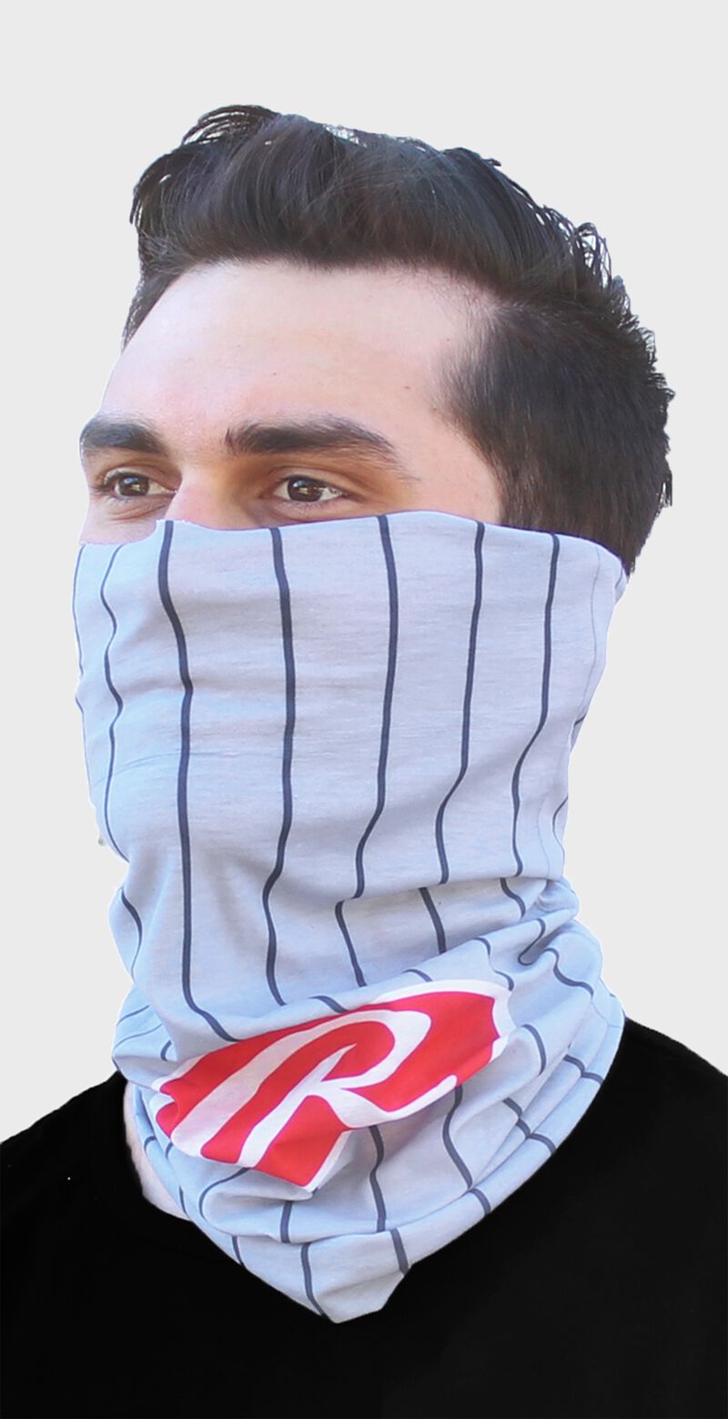 Front left-side view of Rawlings Adult Multi-Functional Head and Face Gear, Gray Pinstripe on face - SKU: RC40002-020