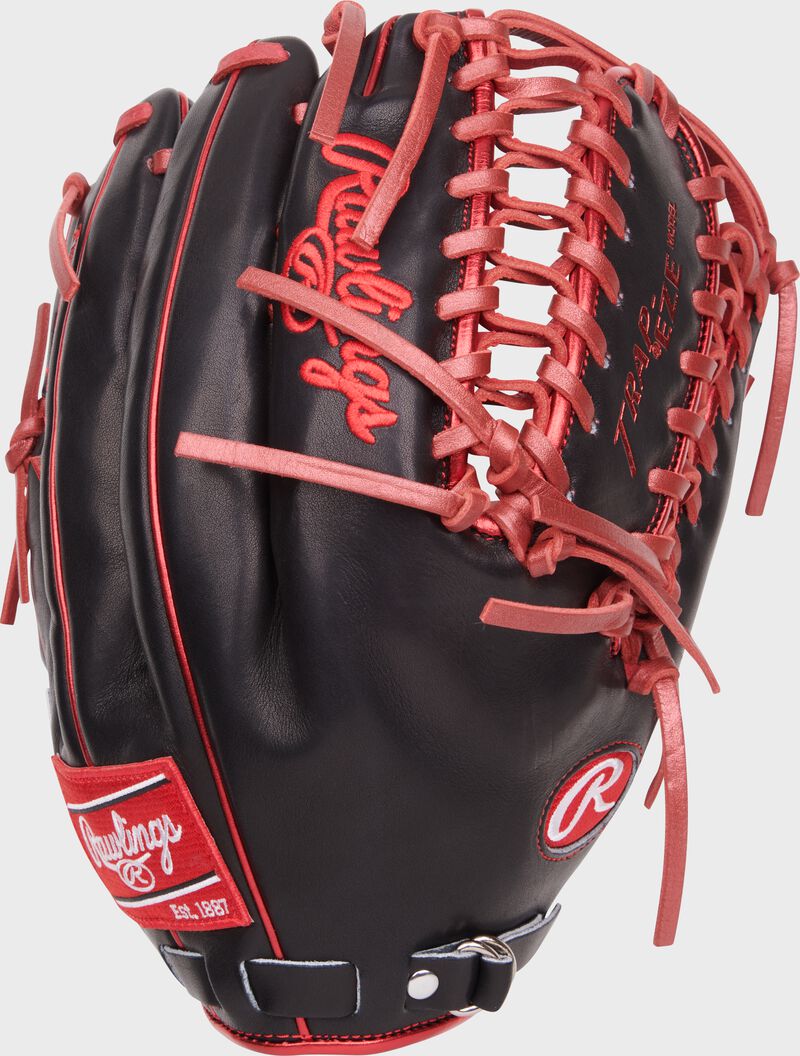 Black back of a Mike Trout Pro Preferred Trap-Eze web outfield glove with a fastback design - SKU: PROSMT27BS