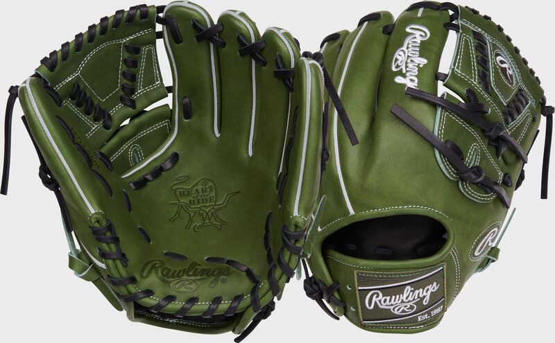 2 views showing the palm/back of a Heart of the Hide 11.75" military green glove - SKU: PRO205-30MG