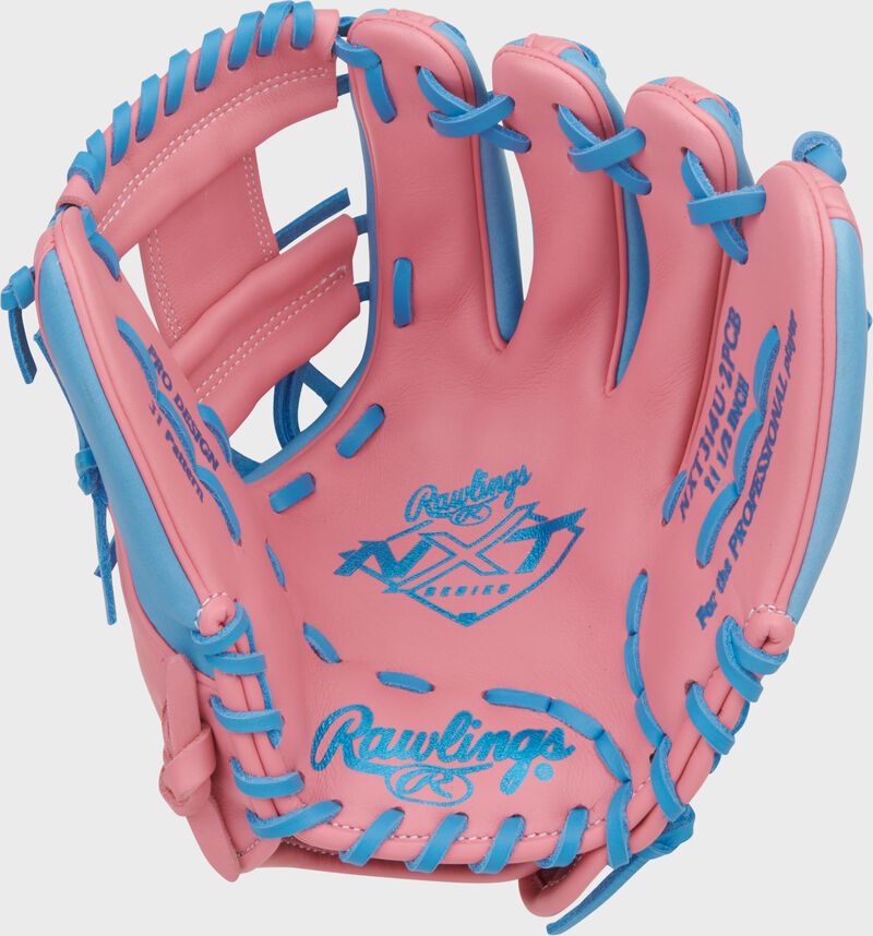 Pink palm of a Rawlings NXT Series 11.5-Inch Infield Glove with Columbia blue stamping and laces loading=