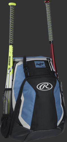 Right side of a black/columbia blue R500 Rawlings baseball backpack with a white bat in the bat sleeve