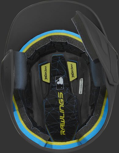 Inside of a MACHEXTR Rawlings MACH baseball helmet with IMPAX durable foam padding