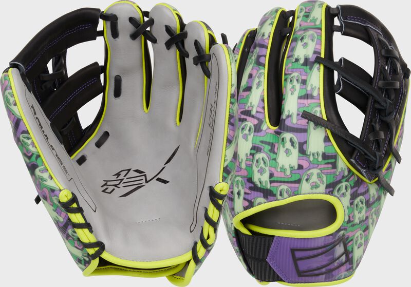 Two images showing the palm & back of a limited edition REV1X Halloween infield glove
