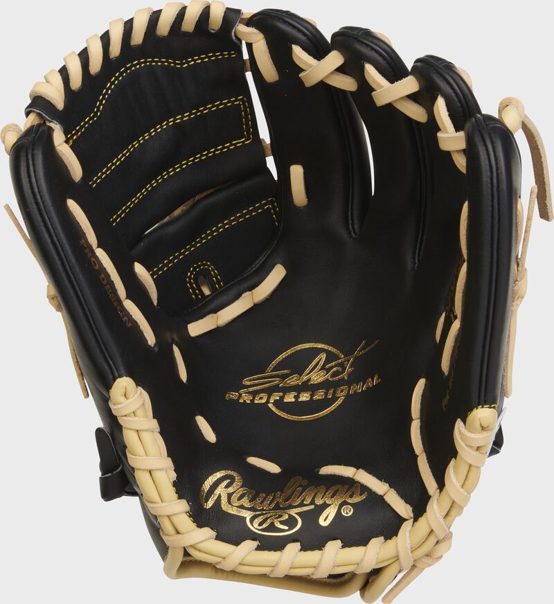 Black palm of a Rawlings Select Professional Series glove with camel laces and gold stamping - SKU: SPS205-9B