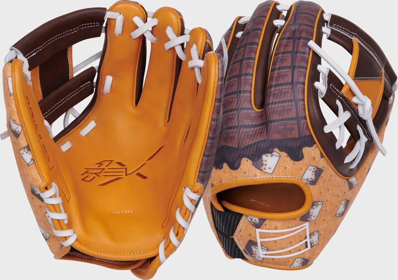 Two images showing the palm & back of a tan/brown exclusive REV1X S'mores infield glove