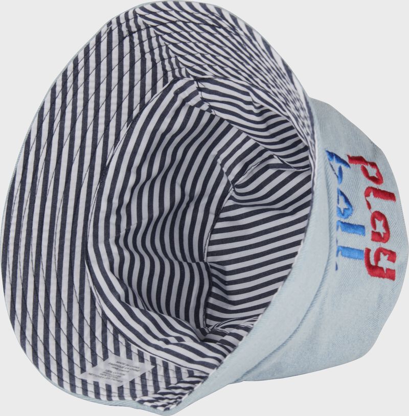 Reversible navy/white stripe inside of a Play Ball bucket hat - SKU: P16356
