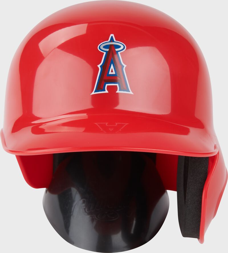 Front of a red Los Angeles Angles mini replica helmet 