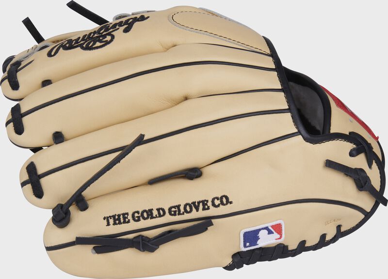 Back of a camel Manny Machado Pro Preferred 11.75" infield glove with the MLB logo on the pinky - SKU: PROSNP5-7MM