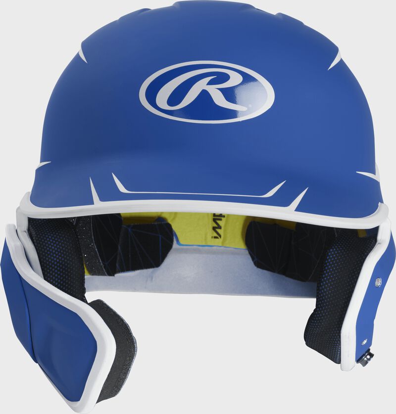 Front of a matte royal/white MACHEXTR junior size Mach batting helmet with face guard extension for left hand batters