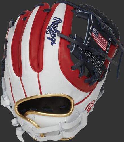 A PRO716SB-2USA 12-Inch Heart of the Hide USA softball glove with a white/scarlet back and scarlet double-welting