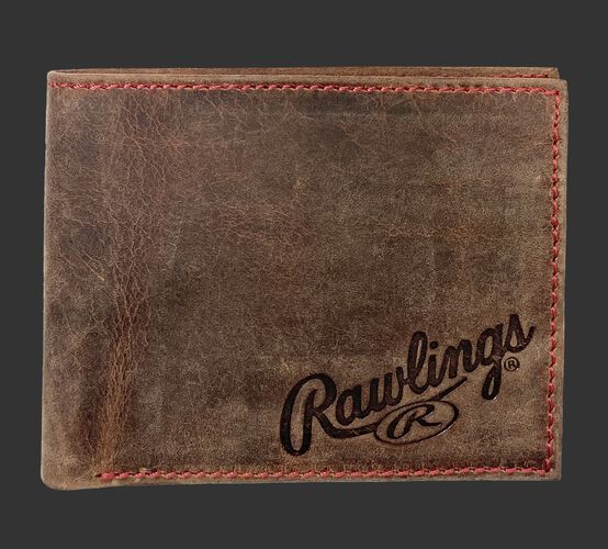 A brown High Grade debossed bi-fold wallet with the Rawlings logo debossed in the bottom right corner - SKU: RPW004-200