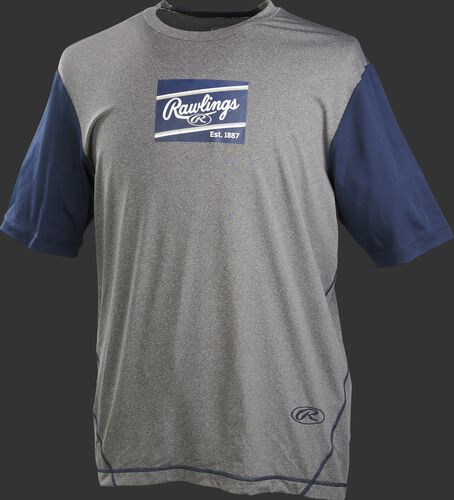 A gray/navy Rawlings adult Hurler performance short sleeve shirt with a navy Rawlings logo on the chest - SKU: HSSP-GR/N