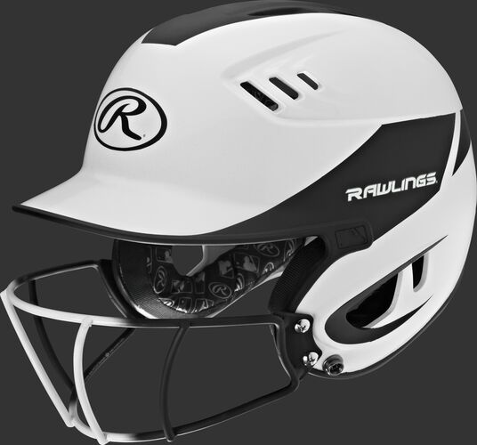 A white/black R16H2FGS Velo senior batting helmet with a white/black facemask