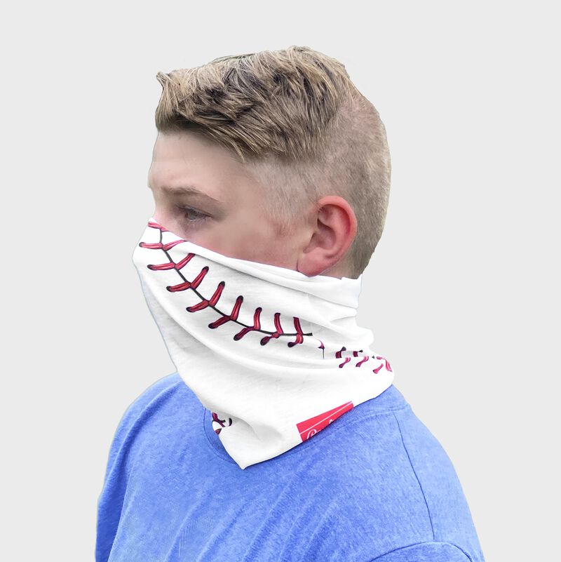 A kid wearing a white baseball stitch neck gaiter with it covering his mouth and nose - SKU: YRC40001-100 loading=