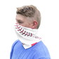 A kid wearing a white baseball stitch neck gaiter with it covering his mouth and nose - SKU: YRC40001-100 image number null
