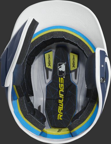Inside of a MACHEXTR Rawlings MACH baseball helmet with IMPAX durable foam padding