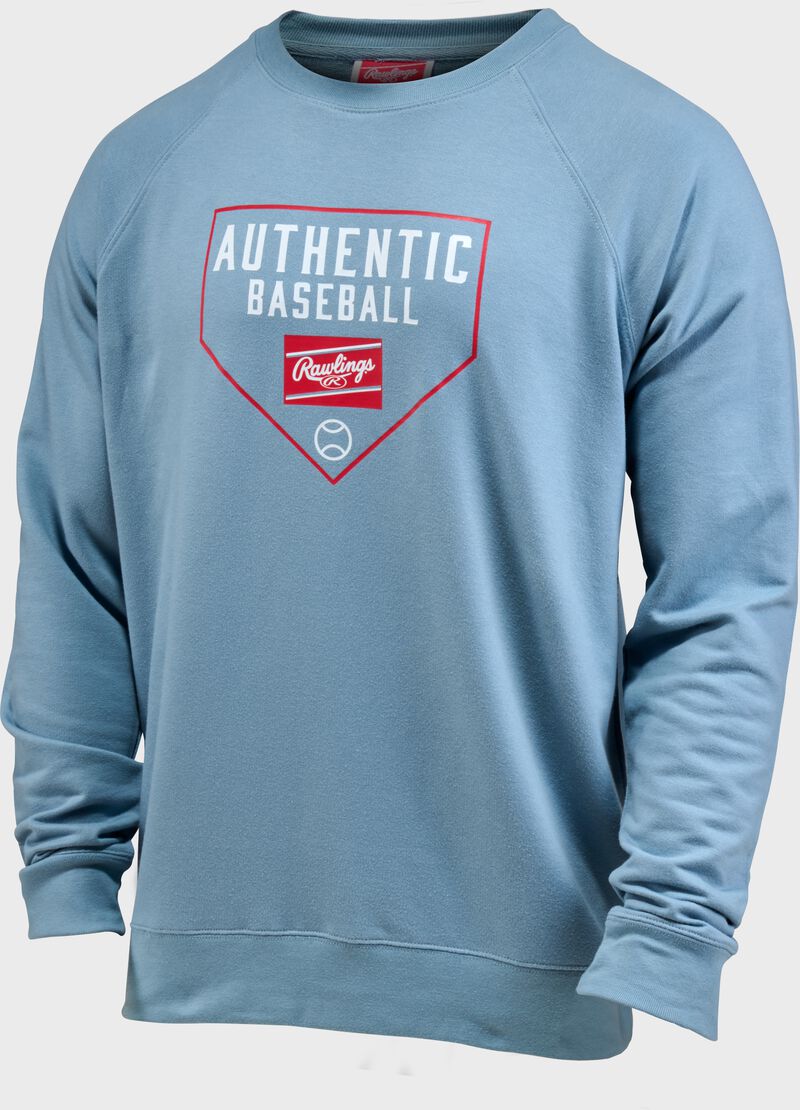 Front left angle of a light blue Rawlings Authentic Baseball crew neck sweatshirt loading=