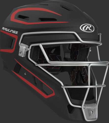 Front right of a black/scarlet CHV27J Rawlings Velo 2.0 catcher's helmet