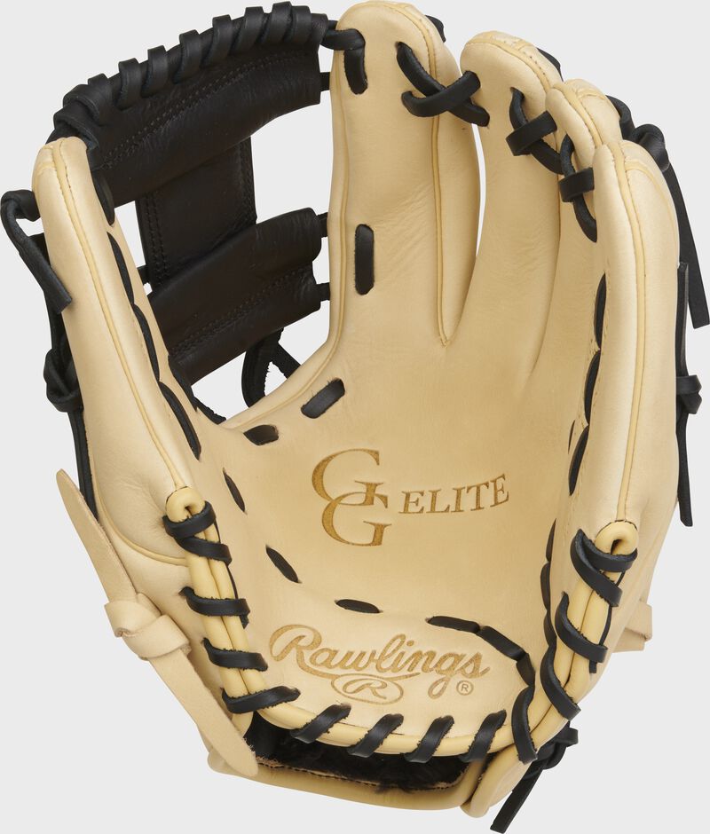 Camel palm of a Rawlings Gold Glove Elite infield glove with black laces