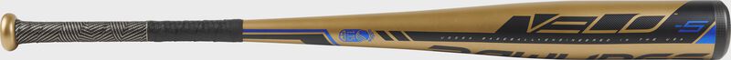 Barrel view of a UT9V5 USSSA Velo baseball bat with a gold barrel and gold/black grip