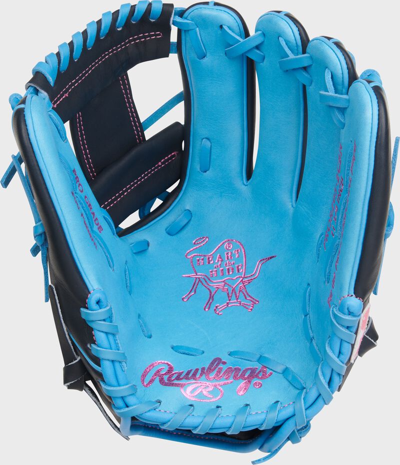 Columbia blue palm of a Heart of the Hide 11.75-Inch Infield Glove with pink stamping and Columbia blue laces