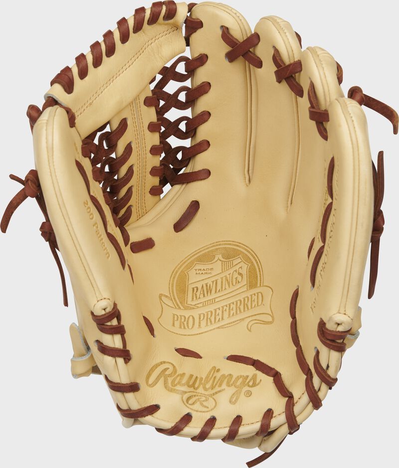 Palm of a camel Rawlings Pro Preferred infield/pitcher's glove with a camel web and dark tan laces - SKU: PROS15TCPRO loading=