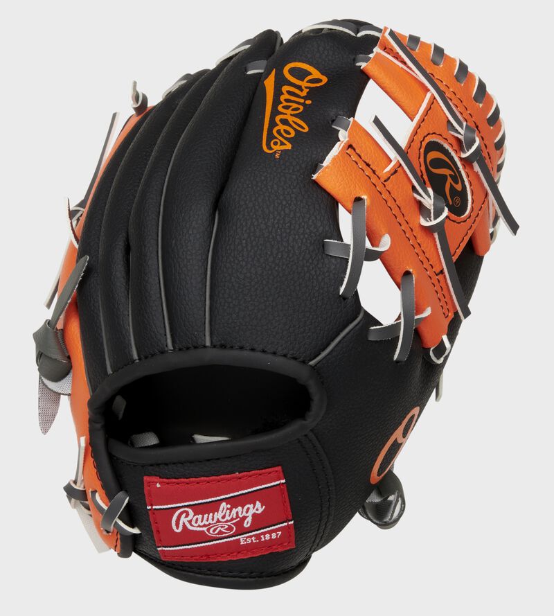 Back of a black/orange Baltimore Orioles 10-Inch I-web glove with a red Rawlings patch - SKU: 22000018111