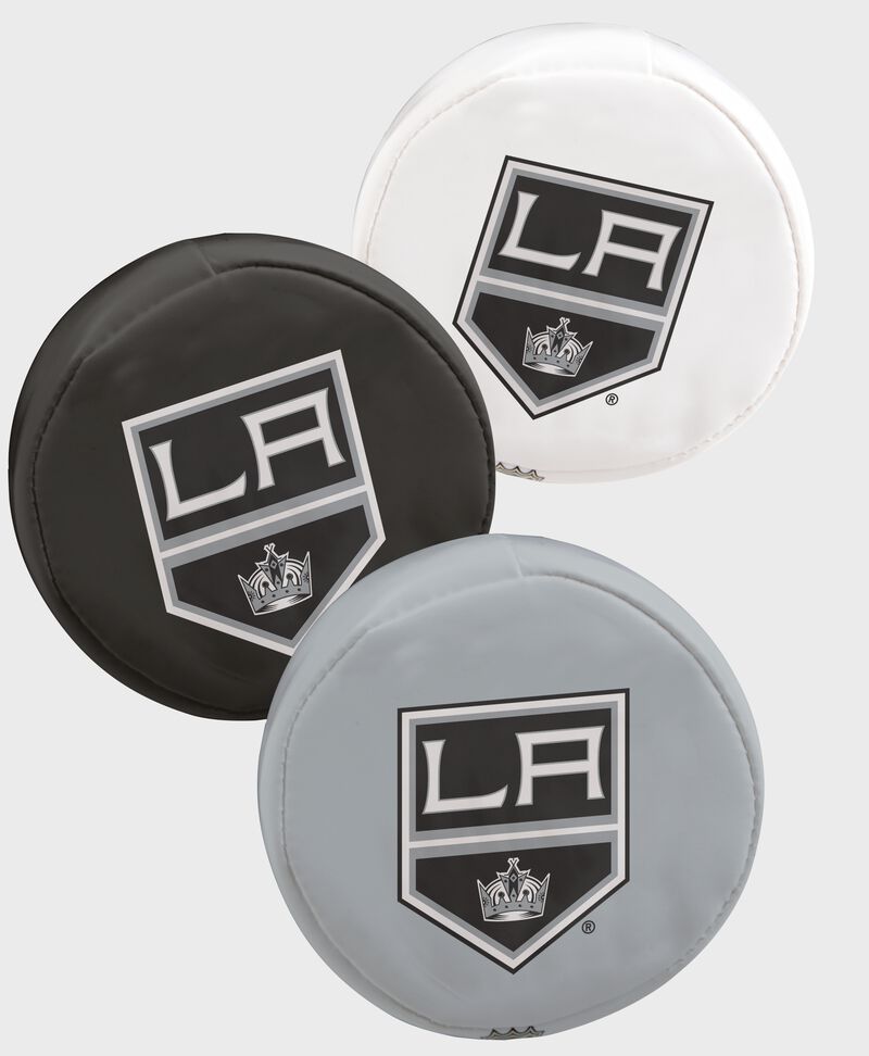 A Los Angeles Kings three puck softee set with 1 white, 1 black and 1 gray team logo puck - SKU: 00614126111