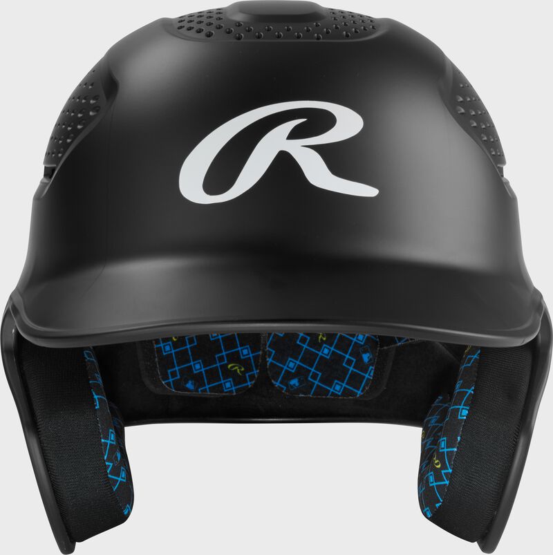 Front of a black Rawlings RX2 batting helmet loading=