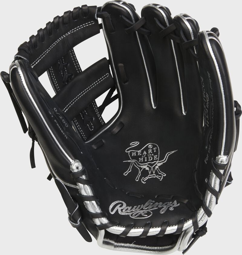 Black palm of a Rawlings Carlos Correa Gameday 57 glove with silver stamping and black laces - SKU: PRO315-19CC4