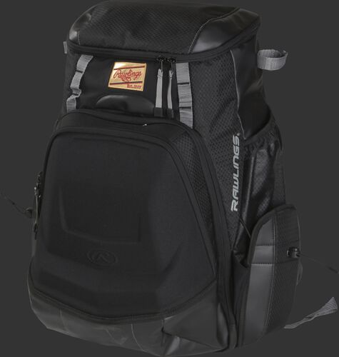 Front left of a black R1000 Rawlings Gold Glove Series equipment bag