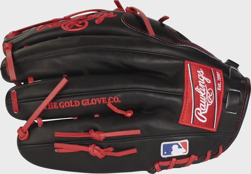 Back of a 12.75-Inch Harrison Bader Pro Preferred glove with a red Rawlings patch - SKU: RSGPROS601HB loading=