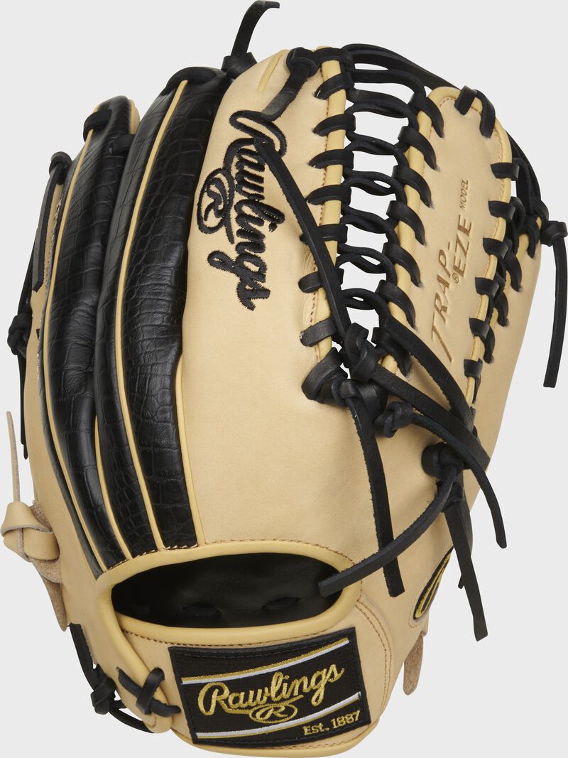 Back of a camel/black Rawlings Heart of the Hide R2G Trap-Eze web outfield glove with a black Rawlings patch - SKU: PROR3039-22CB