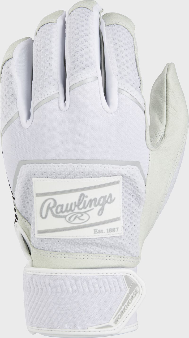 Back of a white 2022 workhorse batting glove with a white Rawlings patch - SKU: WH22BG-W