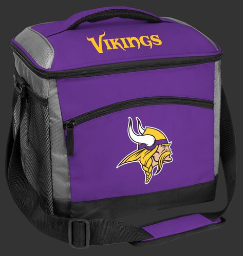 A purple Minnesota Vikings 24 can soft sided cooler with screen printed team logos - SKU: 10211075111