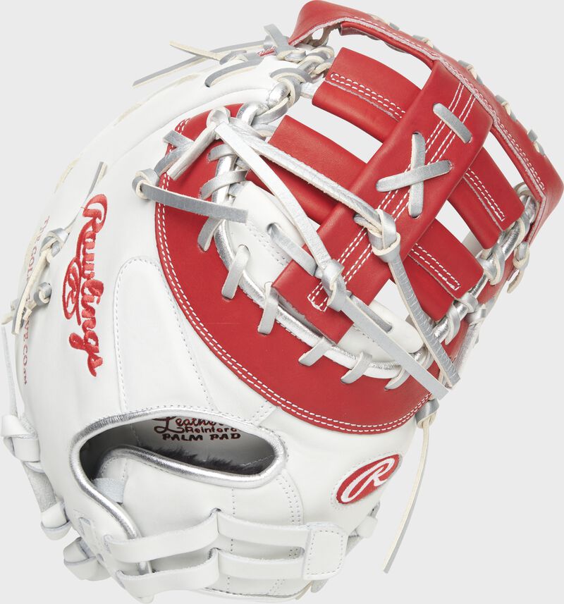 Back of a white/scarlet Liberty Advanced Color Series first base mitt - SKU: RLADCTSBWSP