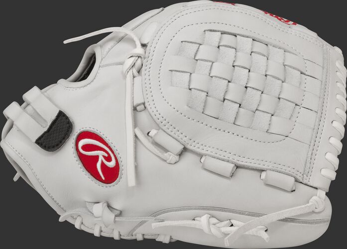 Thumb view of a white RLAKR Liberty Advanced 12.5-inch Keilani Ricketts gameday pattern glove with a white Basket web