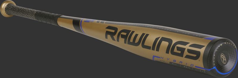 UT9V5 Rawlings 2019 Velo -5 bat with a gold one-piece construction and black/blue accents