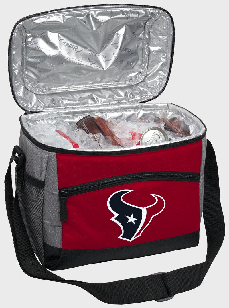 An open Houston Texans 12 can cooler with ice and drinks