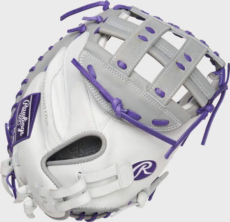 Back of white/gray/purple Liberty Advanced Color Series catcher's mitt - SKU: RLACM34FPWPG