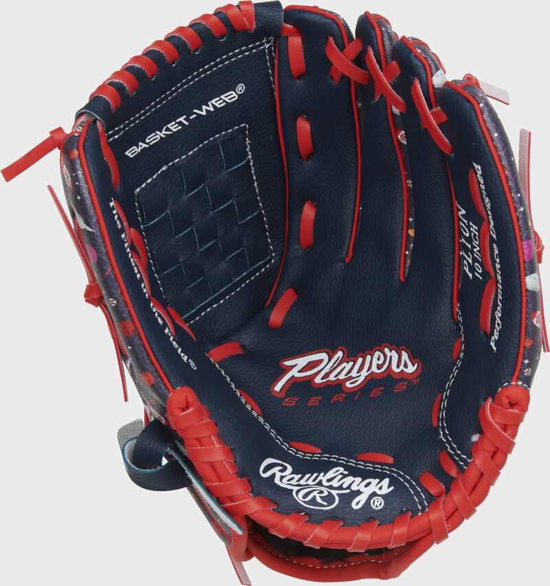 Navy palm of a Rawlings Players Series 10" baseball/softball glove with scarlet laces - SKU: RPL10N