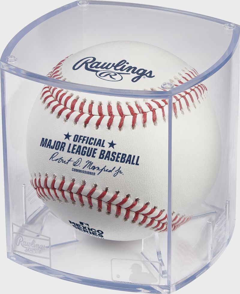 A 2022 Mexico Series commemorative baseball in a clear display case - SKU: RSGEA-ROMLBMS22-R